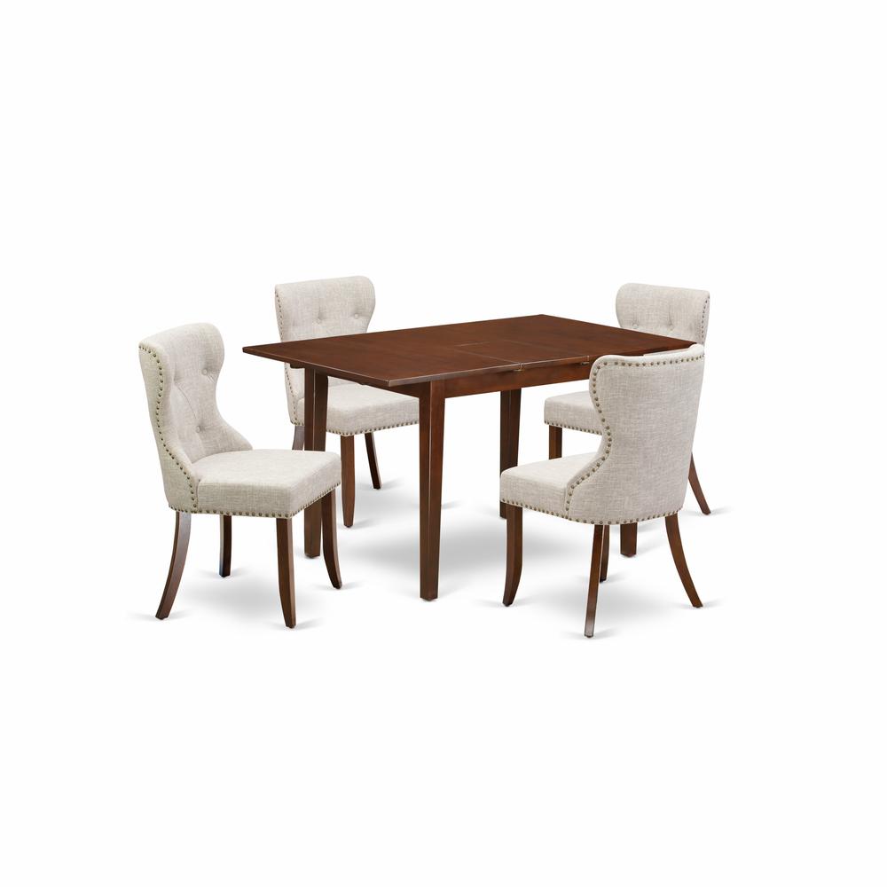 East-West Furniture NFSI5-MAH-35 - A dining table set of 4 fantastic parson dining chairs with Linen Fabric Doeskin color and an attractive 12" butterfly leaf rectangle wooden dining table with Mahoga
