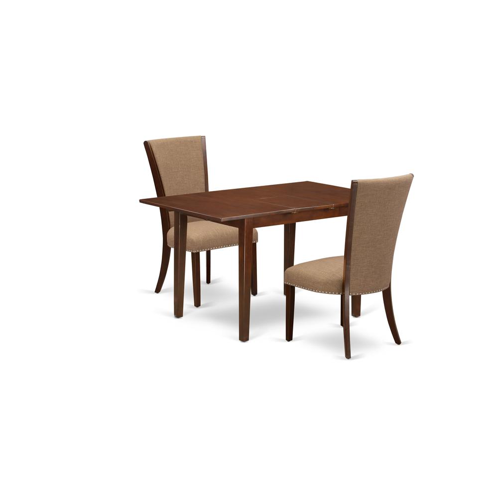 East-West Furniture NFVE3-MAH-47 - A wooden dining table set of 2 great parson chairs with Linen Fabric Light Sable color and a lovely  12" butterfly leaf rectangle dining table with Mahogany Finish