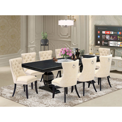 9 piece dining set consists of a wooden table and 8 Linen Fabric dining chairs