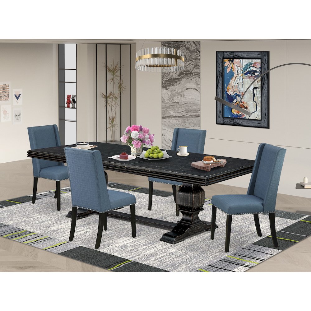 5 piece dining set of a wooden table and 4 Linen Fabric kitchen chairs