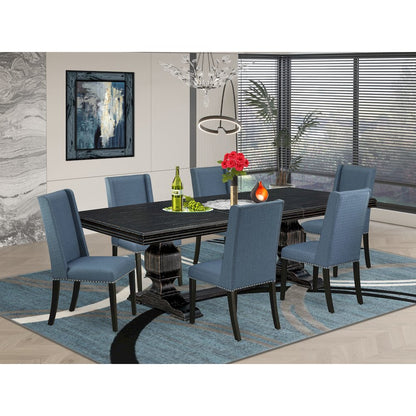 7 piece dining room set of a wooden table and 6 Linen Fabric dining chairs