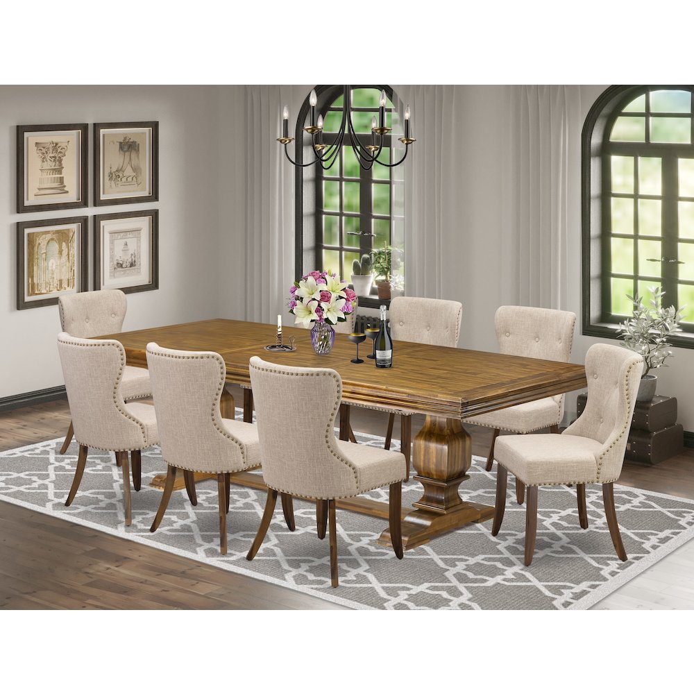9 piece Dining Table Set of a Dining Table and 8 Linen Fabric Kitchen Chairs