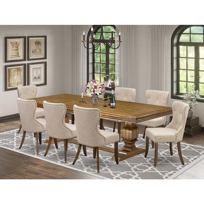 9 piece Dining Table Set of a Dining Table and 8 Linen Fabric Kitchen Chairs