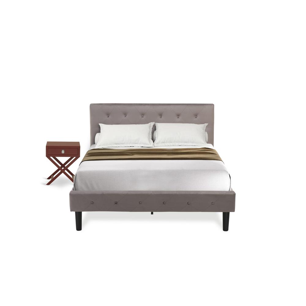 NL14F-1HA13 2 Piece Full Bed Set - 1 Bed Brown Taupe Velvet Fabric Headboard and 1 Bedroom Nightstand - Burgundy Finish Nightstand