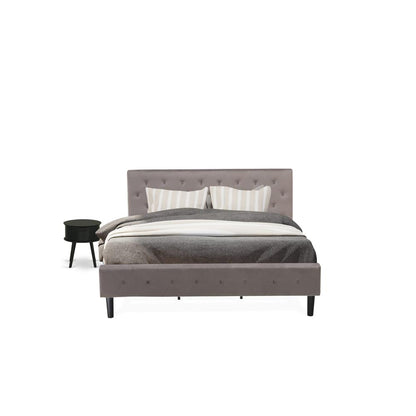 NL14K-1GO11 2 Piece Bed Set - 1 Wooden Bed Brown Taupe Velvet Fabric Headboard and 1 Small Nightstand - Black Finish Nightstand
