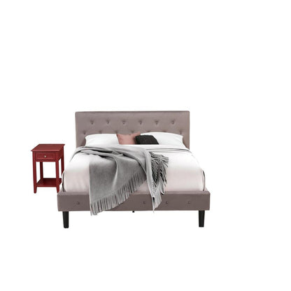 NL14Q-1DE13 2 Pc Queen Bed Set - 1 Bed Brown Taupe Velvet Fabric Headboard and 1 Night Stand - Burgundy Finish Nightstand