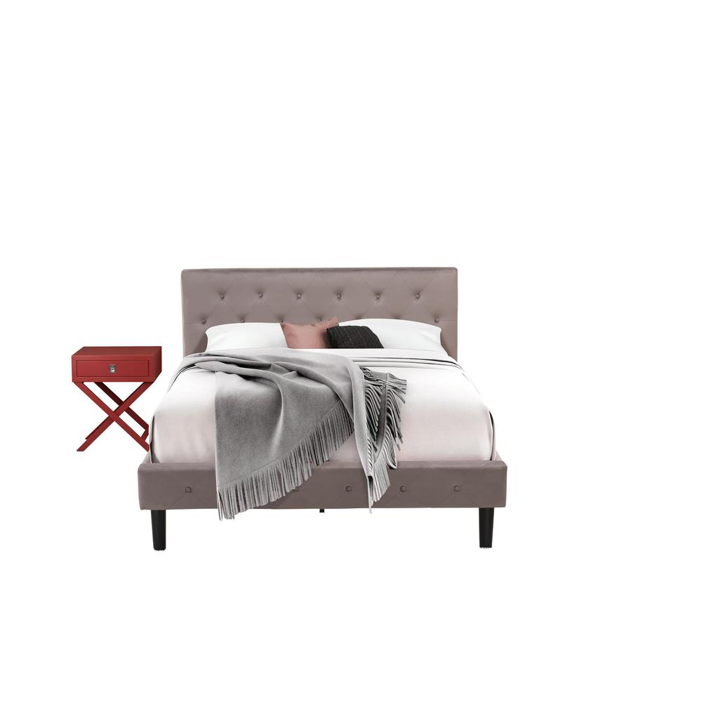 NL14Q-1HA13 2 Piece Queen Bed Set - 1 Bed Brown Taupe Velvet Fabric Headboard and 1 Night Stand - Burgundy Finish Nightstand