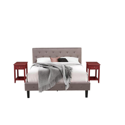 NL14Q-2DE13 3 Pc Queen Bedroom Set - 1 Wood Bed Brown Taupe Velvet Fabric Headboard and 2 nightstands - Burgundy Finish Nightstand