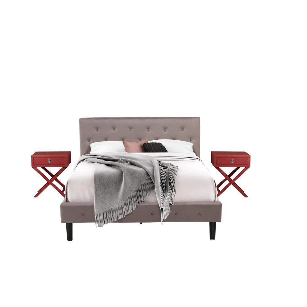 NL14Q-2HA13 3 Pc Bedroom Set - 1 Queen Bed Brown Taupe Velvet Fabric Headboard and 2 Night Stands - Burgundy Finish Nightstand