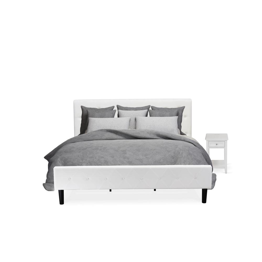 NL19K-1DE05 2 Pc King Bed Set - 1 Platform Bed White Velvet Fabric Headboard and 1 Small Nightstand - White Finish Nightstand