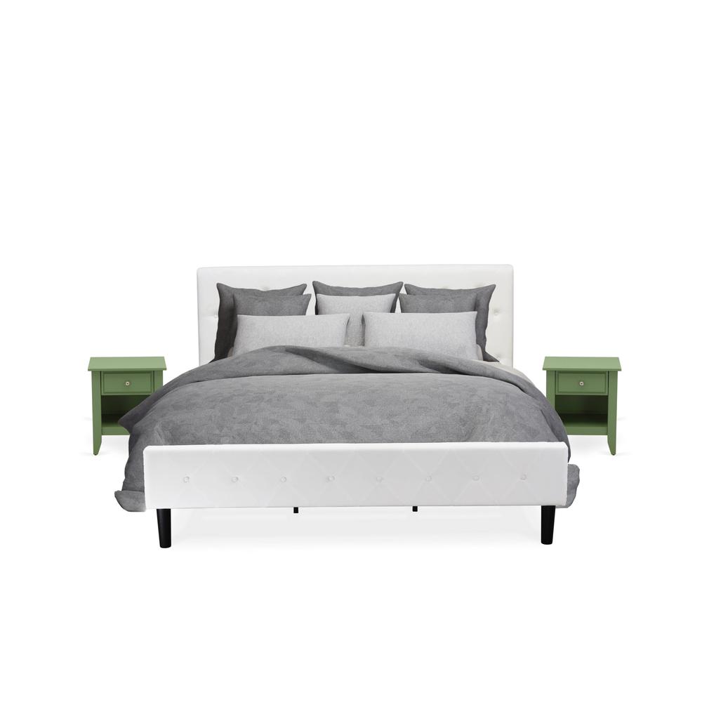 NL19K-2GA12 3 Pc Bed Set - 1 King Size Bed White Velvet Fabric Headboard and 2 Wood Nightstands - Clover Green Finish Nightstand