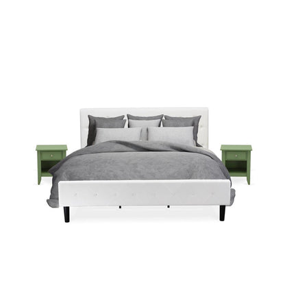 NL19K-2GA12 3 Pc Bed Set - 1 King Size Bed White Velvet Fabric Headboard and 2 Wood Nightstands - Clover Green Finish Nightstand