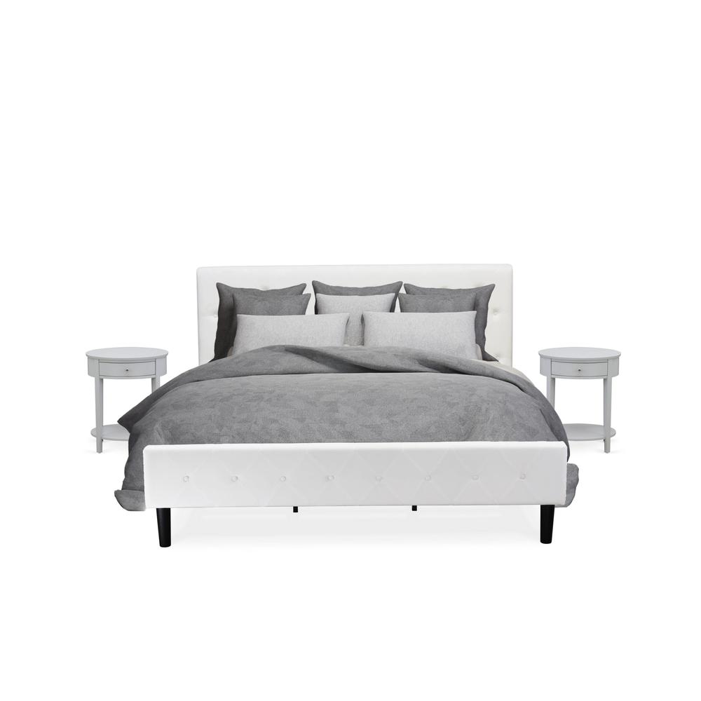 NL19K-2HI14 3 Pc King Bed Set - 1 King Bed White Velvet Fabric Headboard and 2 Wooden Night Stands - Urban Gray Finish Nightstand