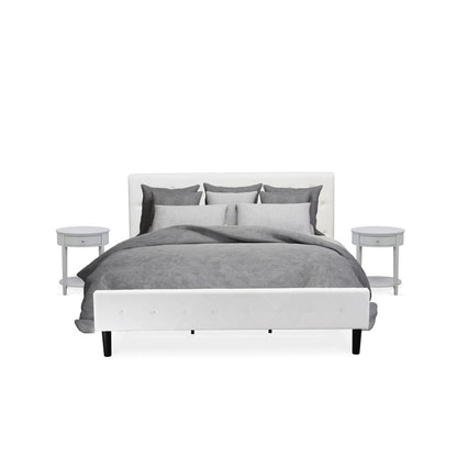 NL19K-2HI14 3 Pc King Bed Set - 1 King Bed White Velvet Fabric Headboard and 2 Wooden Night Stands - Urban Gray Finish Nightstand