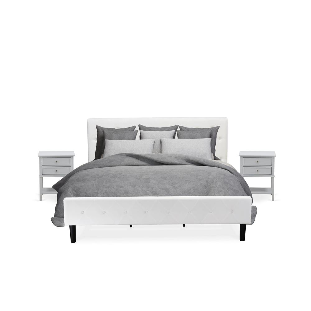 NL19K-2VL14 3 Piece King Bedroom Set - 1 Wood Bed White Velvet Fabric Headboard and 2 Night Stands - Urban Gray Finish Nightstand