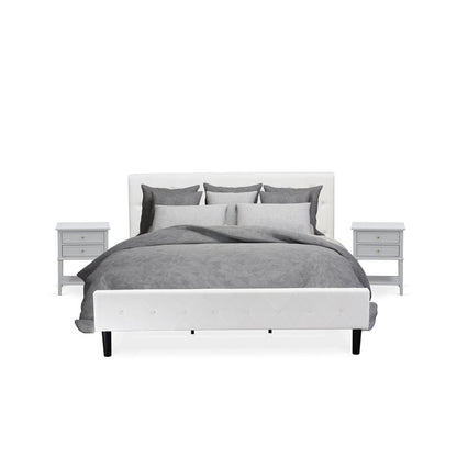 NL19K-2VL14 3 Piece King Bedroom Set - 1 Wood Bed White Velvet Fabric Headboard and 2 Night Stands - Urban Gray Finish Nightstand