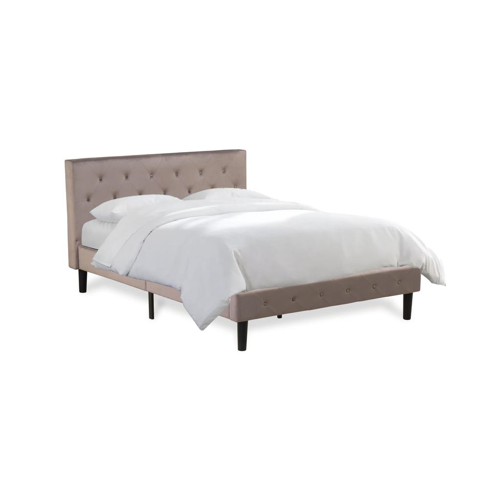 NLF-14-Q Nolan Platform Bed Frame-Button Tufted Brown Taupe Velvet Fabric Upholstery Headboard & Footboard, Black Legs, Queen Size