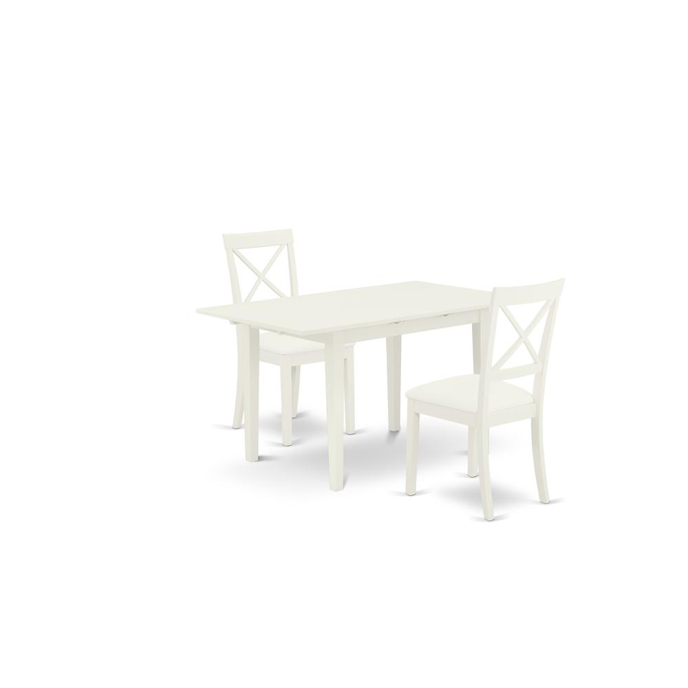 East West Furniture NOBO3-WHI-LC 3-Piece Kitchen Set 2 Dining Room Chairs with X-Back and a Faux Leather Seat and Butterfly Leaf Dining Table with Rectangular Top and 4 Legs- Linen White Finish