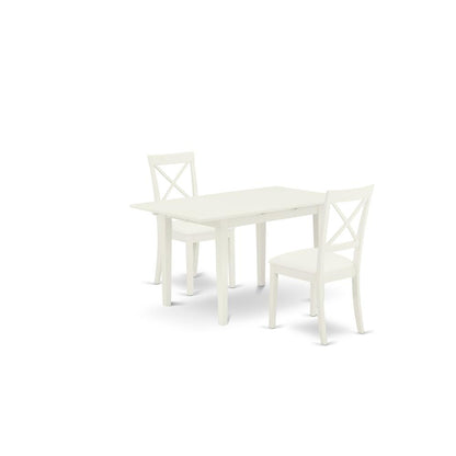 East West Furniture NOBO3-WHI-LC 3-Piece Kitchen Set 2 Dining Room Chairs with X-Back and a Faux Leather Seat and Butterfly Leaf Dining Table with Rectangular Top and 4 Legs- Linen White Finish
