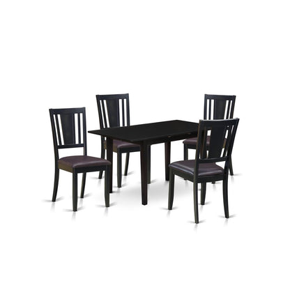 East West Furniture NODU5-BLK-LC 5-Pc Rectangular Dining Table Set 4 Dining Chairs with Panel Back and a Faux Leather Seat and Butterfly Leaf Dining Table with Rectangular Top and 4 Legs- Black Finish