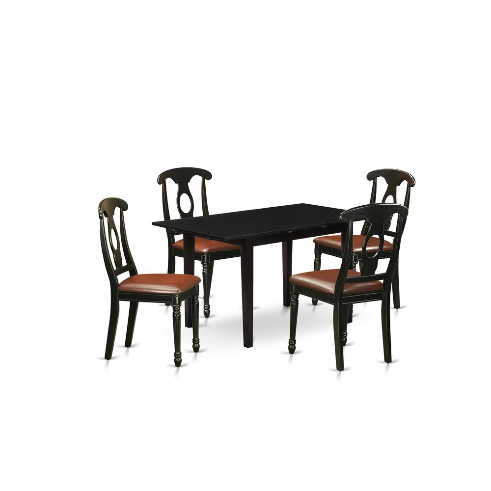 East West Furniture NOKE5-BLK-LC 5-Pc Dining Room Set 4 Dining Room Chairs with Napoleon Back and a Faux Leather Seat and Wooden Dining Table with Butterfly Leaf Rectangular Top and 4 Legs- Black Fini