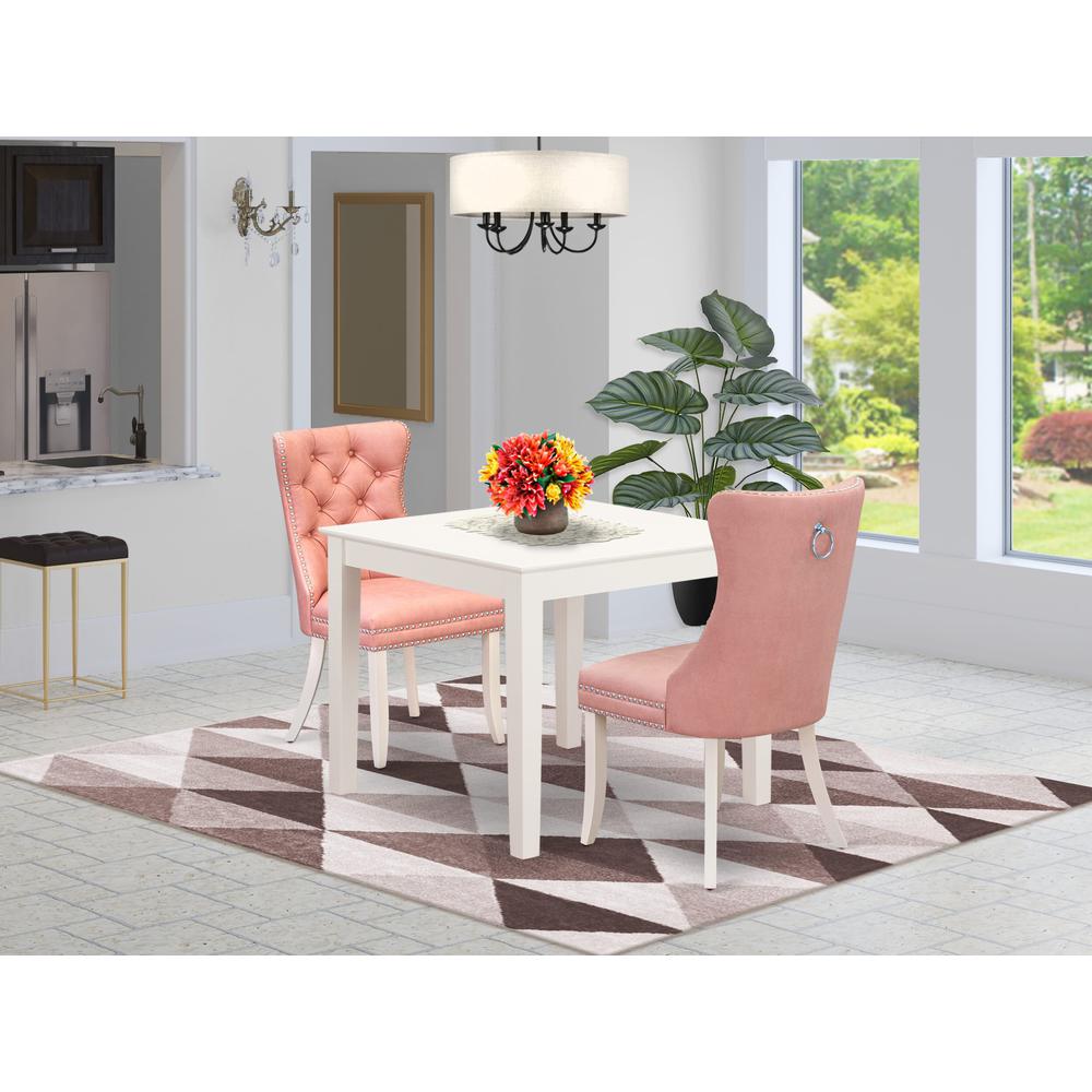 East West Furniture Oxford 3 Piece Dining Room Set Includes a Square Kitchen Table and 2 Upholstered Parson Chairs, 36x36 Inch, Linen White