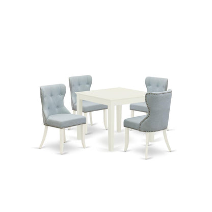 East-West Furniture OXSI5-LWH-15 - A kitchen table set of 4 wonderful dining chairs with Linen Fabric Baby Blue color and a stunning Square kitchen table with Linen White color