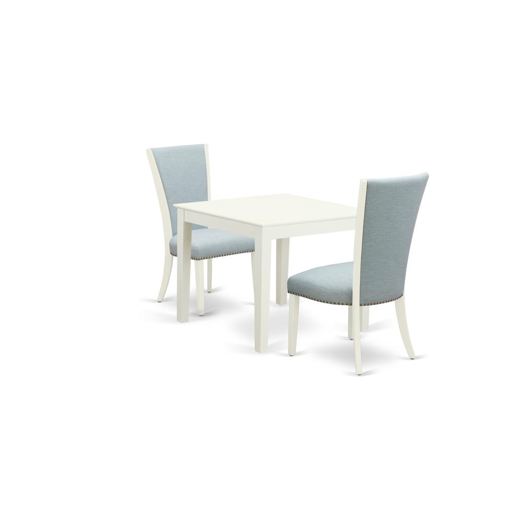 East-West Furniture OXVE3-LWH-15 - A modern dining table set of 2 excellent indoor dining chairs with Linen Fabric Baby Blue color and a gorgeous Square wooden table with Linen White color