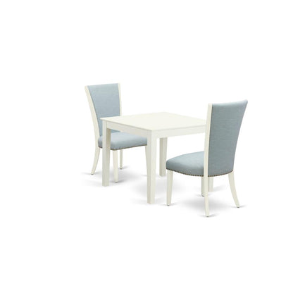 East-West Furniture OXVE3-LWH-15 - A modern dining table set of 2 excellent indoor dining chairs with Linen Fabric Baby Blue color and a gorgeous Square wooden table with Linen White color