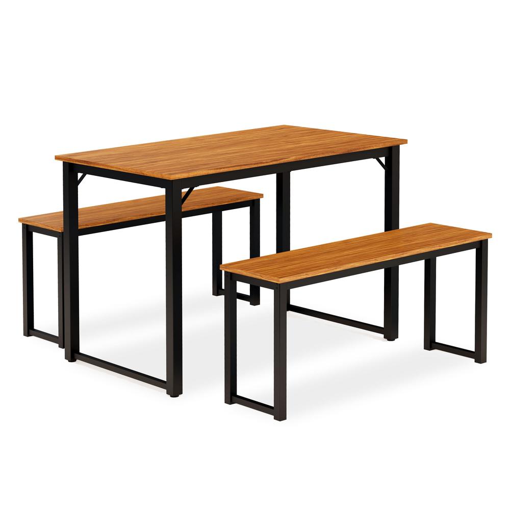 Parmer 3 Pc Kitchen Set - 1 Modern Dining Table and 2 Mid Century Benches in Powder Coating Black Color and Brown Wood Laminate