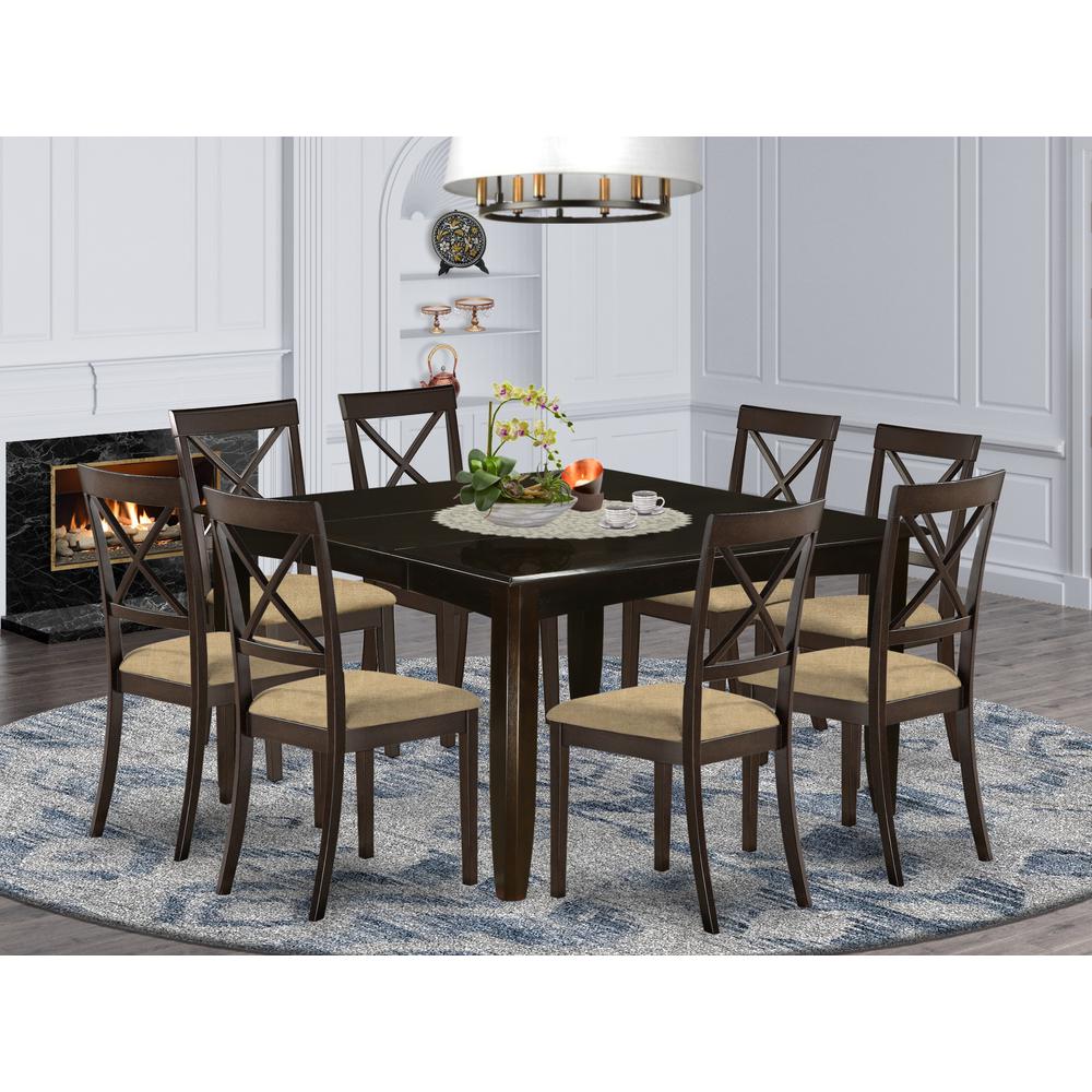 PFBO9-CAP-C 9 Pc Dining room set for 8-Kitchen Table with Leaf and 8 Linen Dinette Chairs.