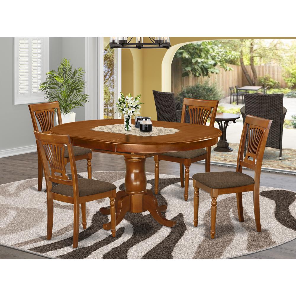 POPL5-SBR-C 5 Pc set Portland Dining Table having 18" Leaf and 4 Cushiad Kitchen Chairs in Saddle Brown
