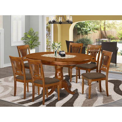 7 Pc Portland Table having 18" Leaf and 6 hard wood Seat Chairs in Saddle Brown