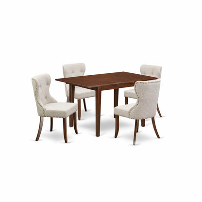 East-West Furniture PSSI5-MAH-35 - A kitchen table set of 4 amazing dining room chairs using Linen Fabric Doeskin color and a fantastic 12" butterfly leaf rectangle wooden table in Mahogany Finish