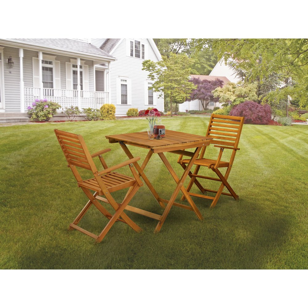 East West Furniture 3-Piece Outdoor Dining Set Contains a Folding Camping Table and 2 Outdoor Side Chairs Suitable for Garden, Terrace, Bistro, and Porch - Natural Oil Finish
