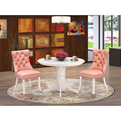 East West Furniture SHDA3-WHI-23 3 Piece Dining Room Set Consists of a Round Dining Table with Pedestal and 2 Upholstered Chairs, Linen White