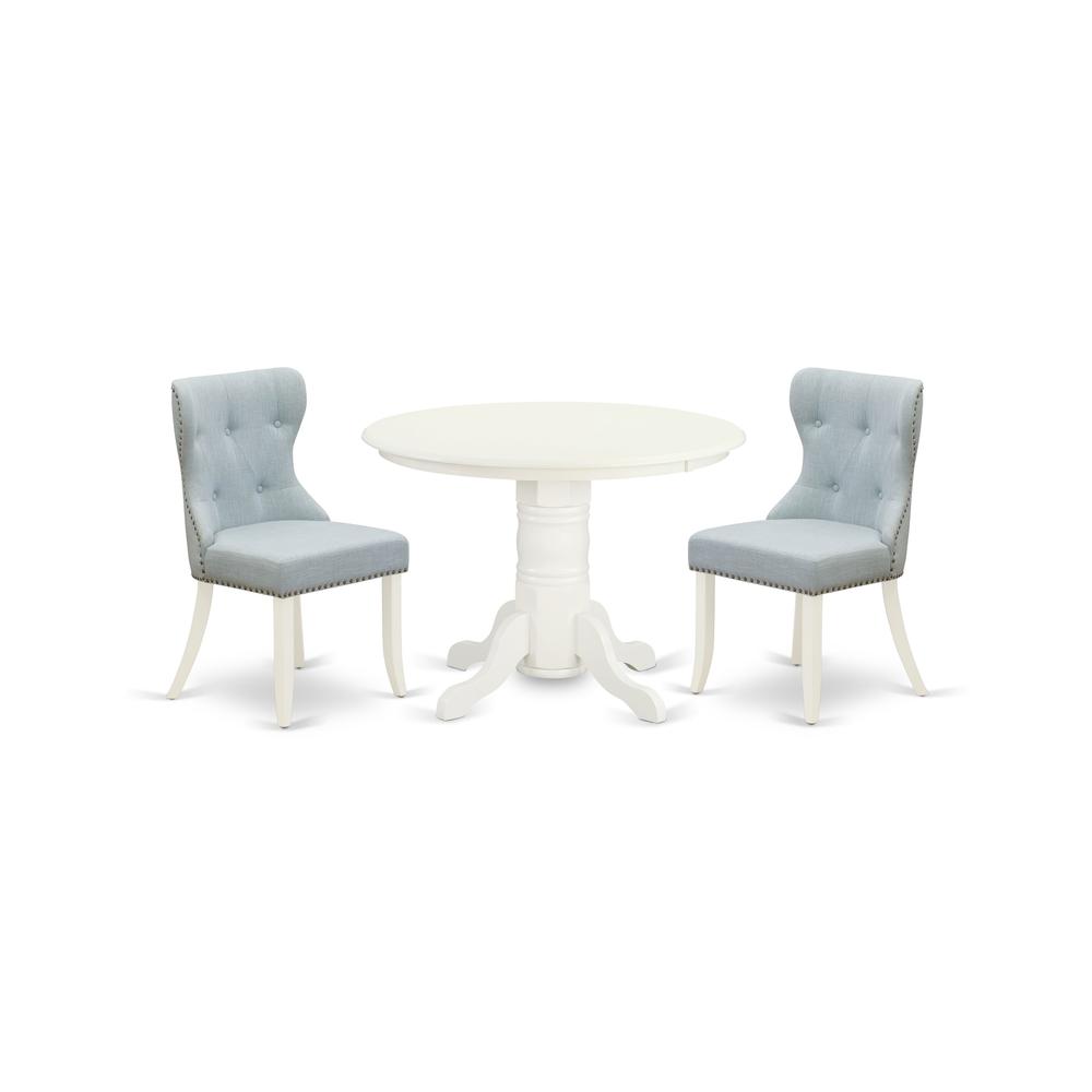 East-West Furniture SHSI3-WHI-15 - A dining room table set of 2 amazing kitchen chairs with Linen Fabric Baby Blue color and a gorgeous modern dining table with Linen White color