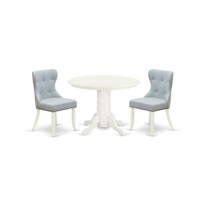 East-West Furniture SHSI3-WHI-15 - A dining room table set of 2 amazing kitchen chairs with Linen Fabric Baby Blue color and a gorgeous modern dining table with Linen White color