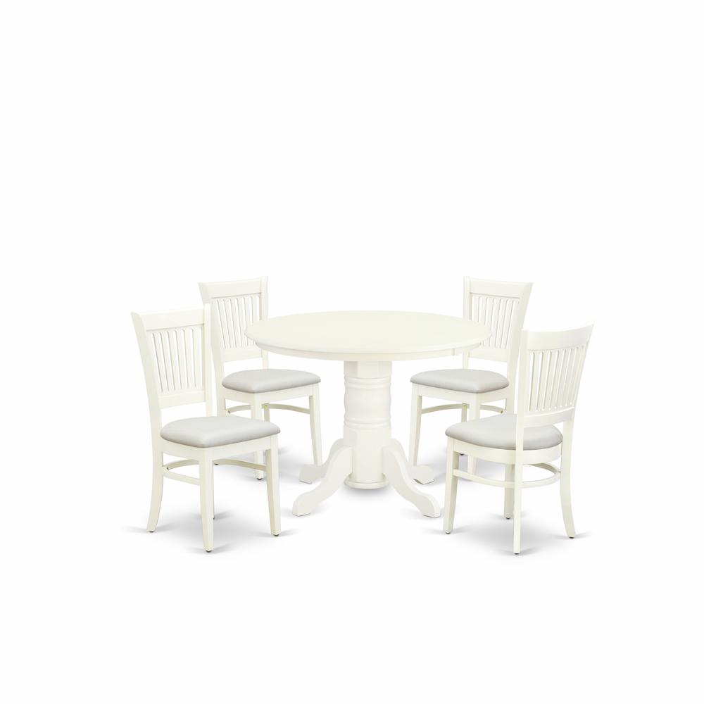 East West Furniture - SHVA5-LWH-C - 5-Piece Dining Room Table Set- 4 Dining Room Chairs and Modern Dining Room Table - Linen Fabric Seat and Slatted Chair Back - Linen White Finish