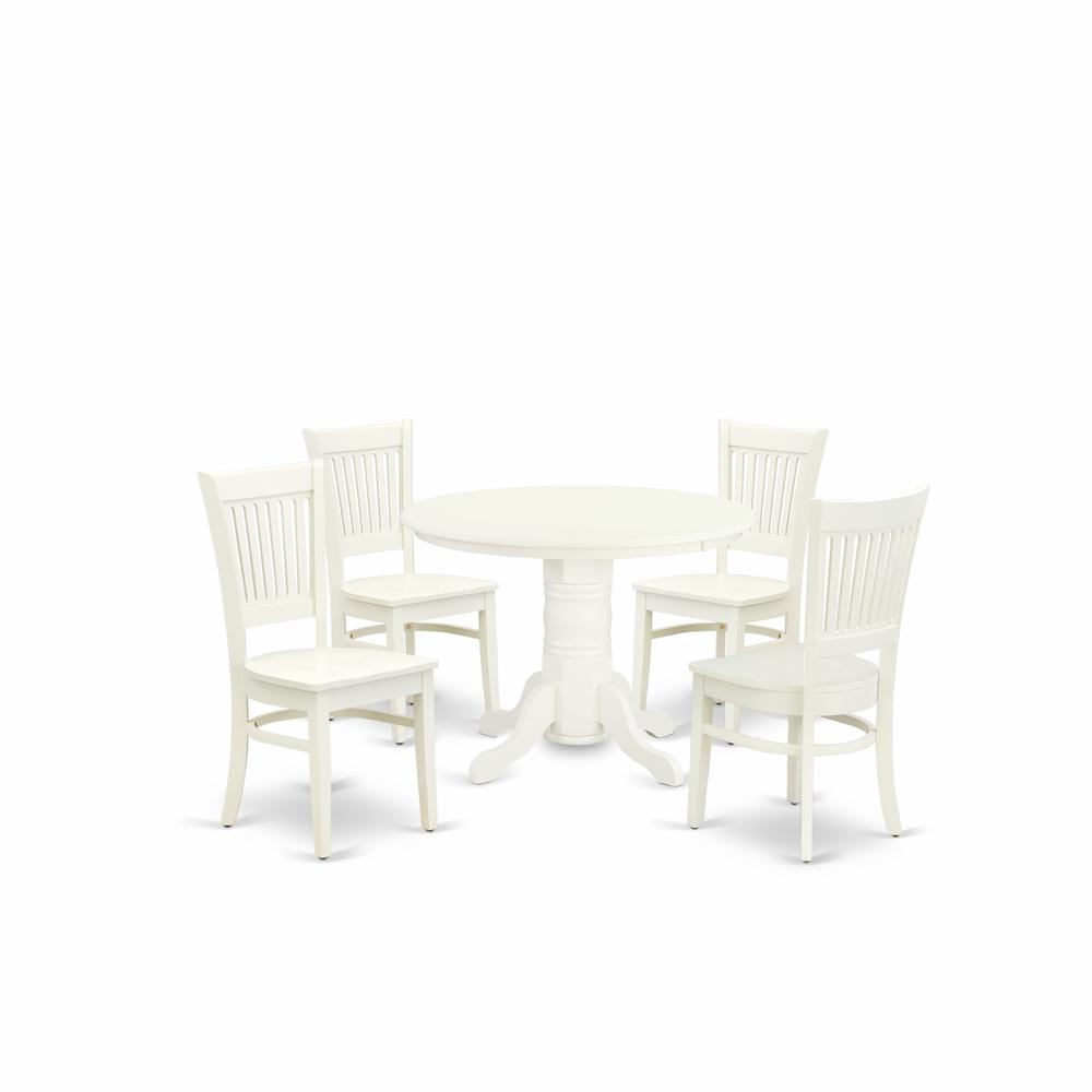 East West Furniture - DLVA5-LWH-W - 5-Pc dining room table Set- 4 Dining Chairs and Dining Room Table - Wooden Seat and Slatted Chair Back - Linen White Finish