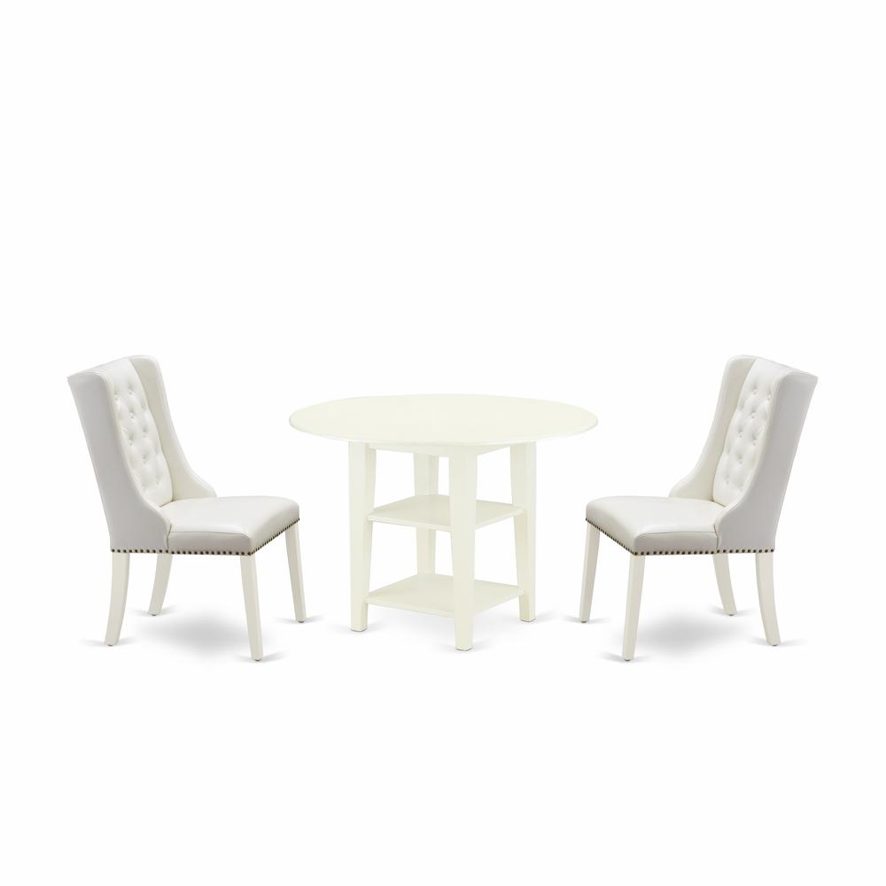 East West Furniture SUFO3-LWH-44 3-Piece Kitchen Table Set Includes 1 Dining Table with Two Shelves - 2 Light Grey Linen Fabric Upholstered Dining Chairs with Button Tufted Back - Linen White Finish