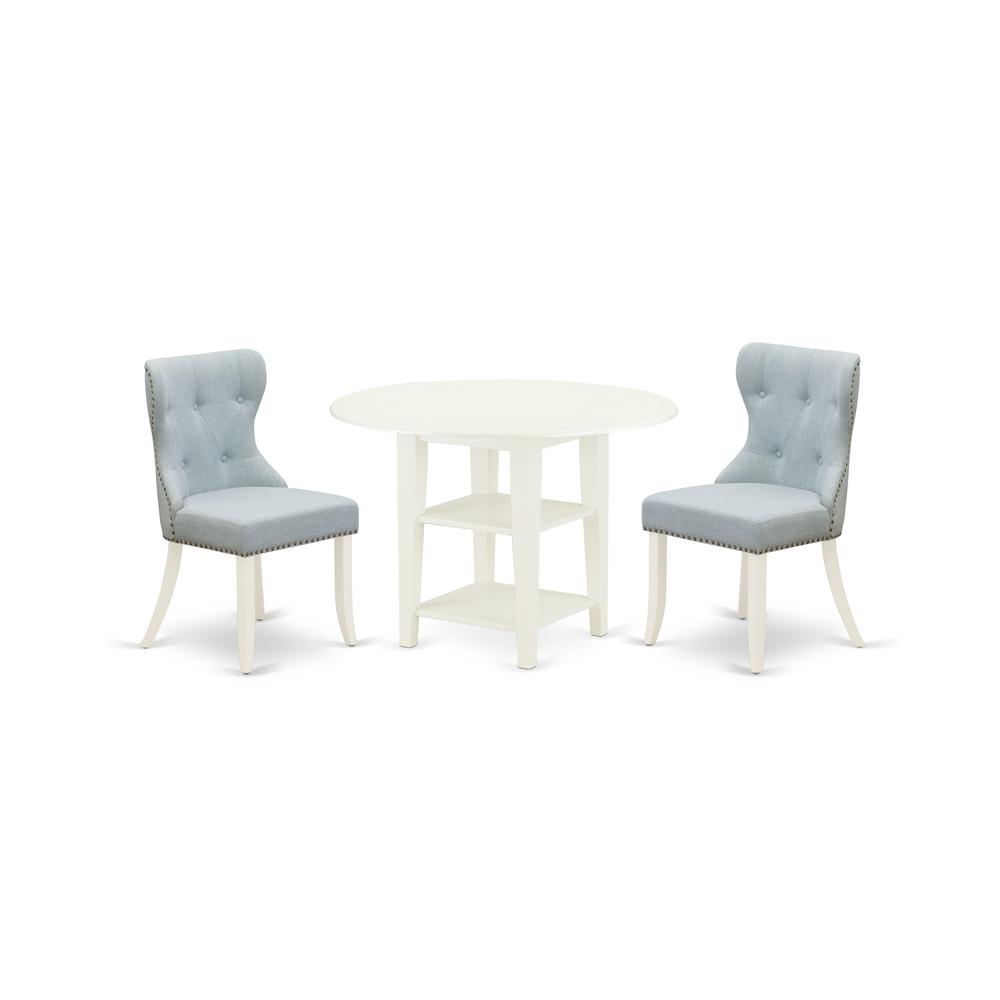 East-West Furniture SUSI3-LWH-15 - A dining room table set of 2 excellent dining chairs with Linen Fabric Baby Blue color and a lovely dining table with Linen White color
