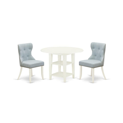 East-West Furniture SUSI3-LWH-15 - A dining room table set of 2 excellent dining chairs with Linen Fabric Baby Blue color and a lovely dining table with Linen White color