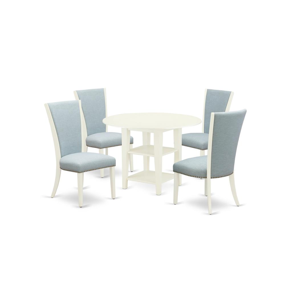 East-West Furniture SUVE5-LWH-15 - A dining set of 4 great kitchen chairs with Linen Fabric Baby Blue color and a stunning  drop leaf antique wooden dining table with Linen White color
