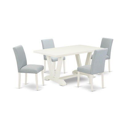 East West Furniture 5-Piece Dining Set Includes 4 Dining Room Chairs with Upholstered Seat and High Back and a Rectangular Dining Table - Linen White Finish