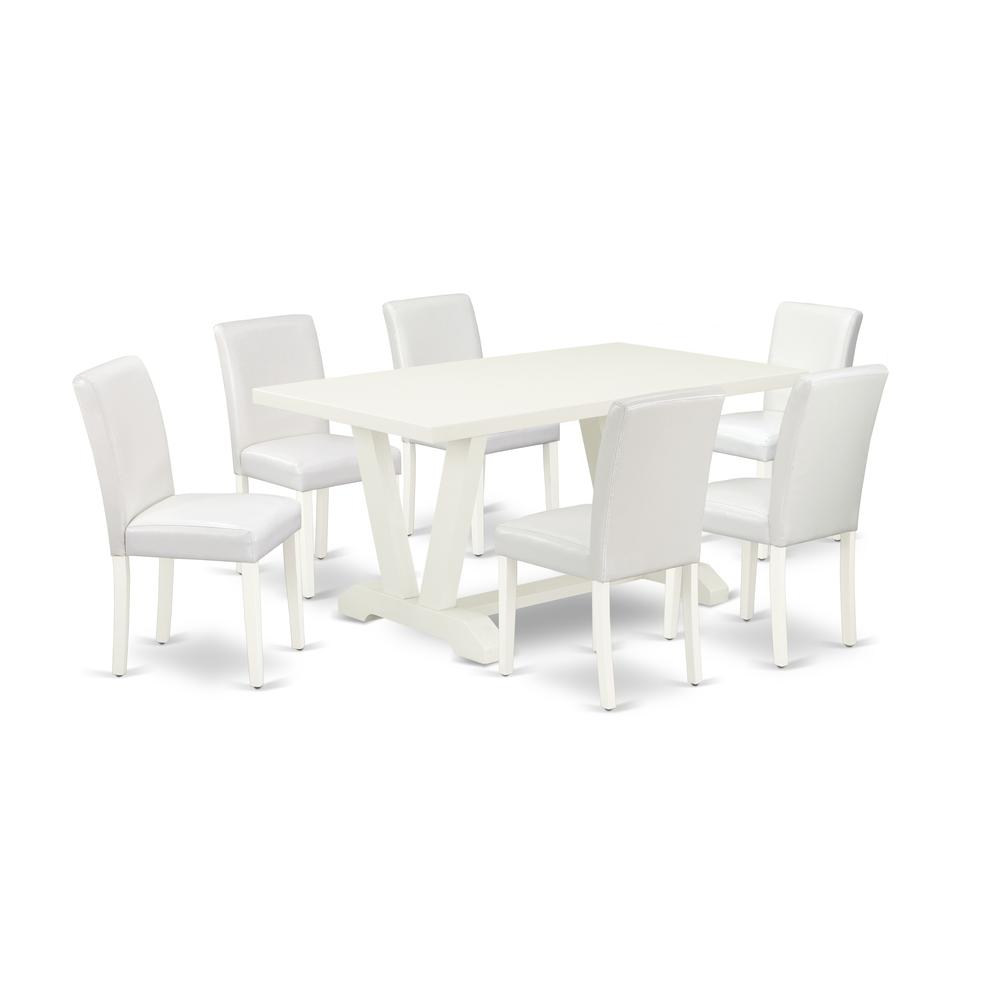 East West Furniture V026AB264-7 7-Piece Fashionable Kitchen Table Set a Superb Linen White Dining Room Table Top and 6 Excellent Pu Leather Padded Chairs with Stylish Chair Back, Linen White Finish