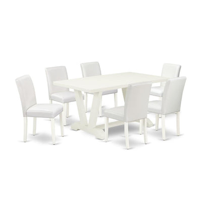 East West Furniture V026AB264-7 7-Piece Fashionable Kitchen Table Set a Superb Linen White Dining Room Table Top and 6 Excellent Pu Leather Padded Chairs with Stylish Chair Back, Linen White Finish