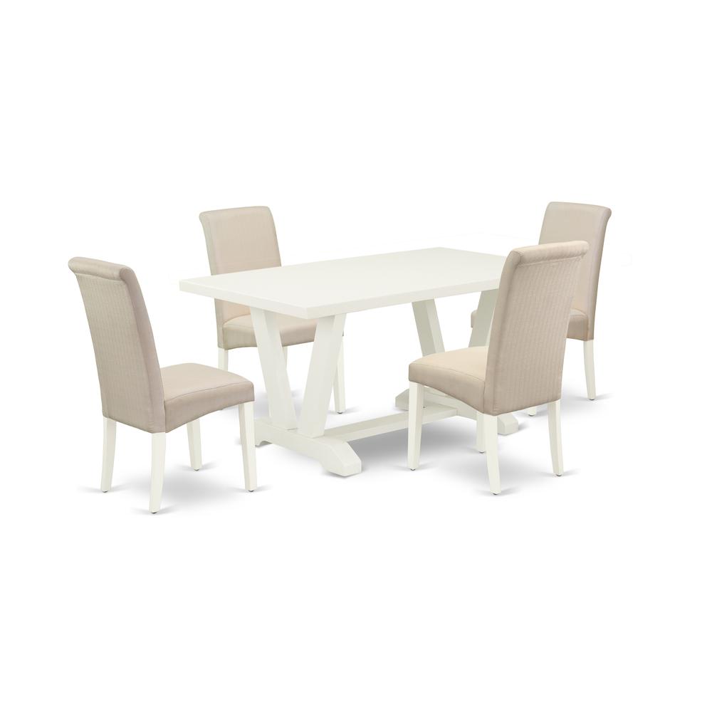 East West Furniture 5-Piece rectangular Dinette Set Included 4 Parson Chairs Upholstered Seat and High Curved Back and Rectangular Dining Room Table with Linen White Kitchen Table Top - Linen White Fi