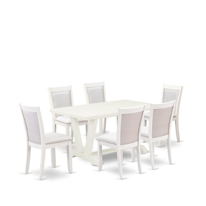 V026MZ001-7 7-Piece Kitchen Dining Table Set Contains a Wooden Table and 6 Cream Dining Chairs - Wire Brushed Linen White Finish