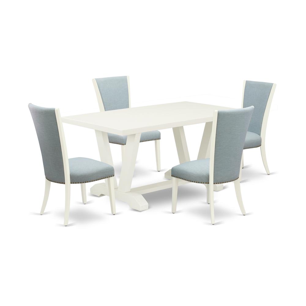 East West Furniture X096VE215-5 5 Piece Dining Room Table Set - 4 Baby Blue Linen Fabric Parson Chairs with Nailheads and Cement Wooden Dining Room Table - Linen White Finish